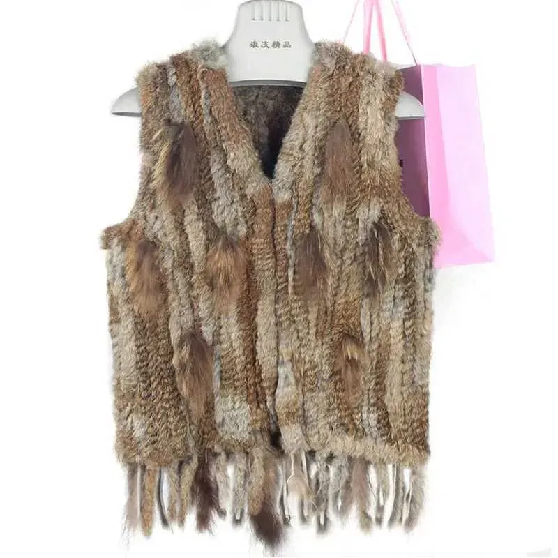 Womens Fur Faux Hot Sale Lady Real Rabbit Vest Knitted Tassel Casual Waistcoat Fashion Knit Gilet 100%natural Genuine Sleeveless Coats