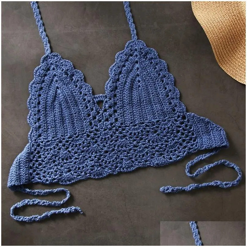 Sexy Women Bikini Crop Top Crochet Boho Beach Bralette Halter Cami Knitted Bra Tank Backless Summer Holiday Beachwear Camisoles & Tanks Underwear Swimsuit