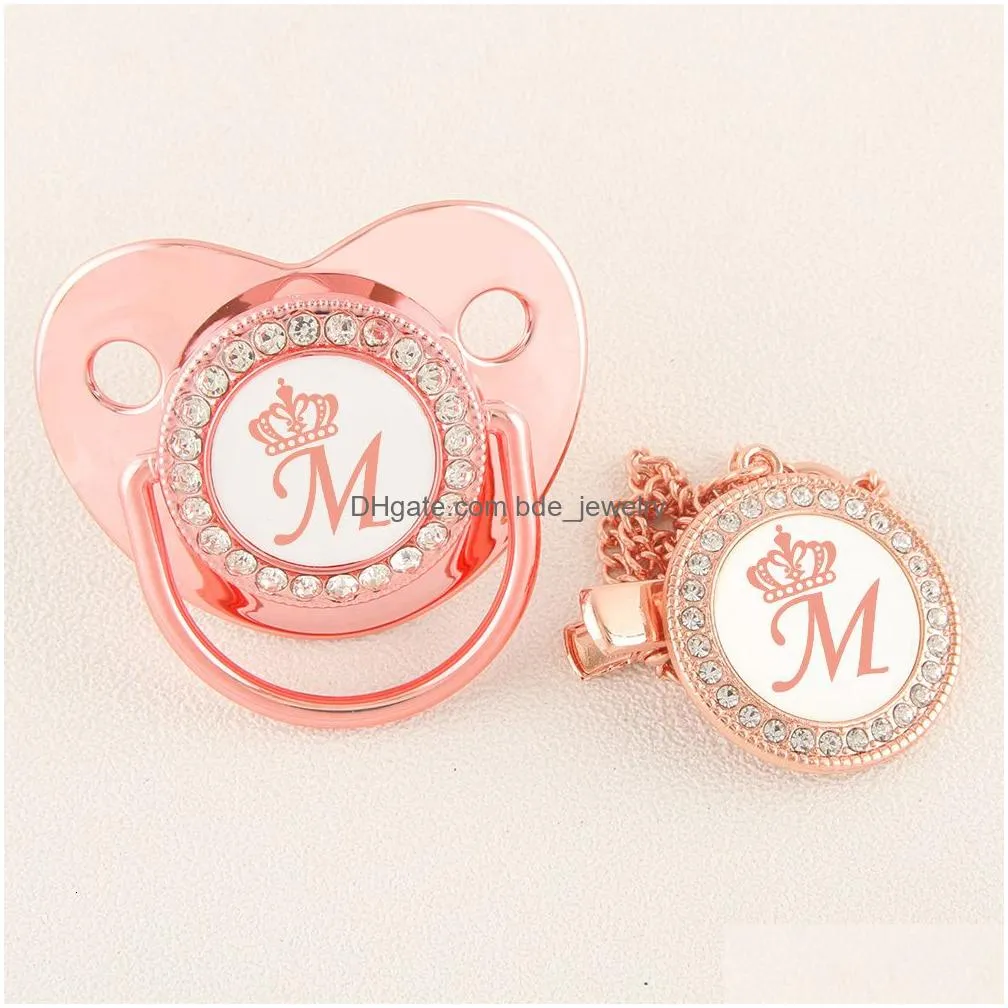 baby teethers toys rose gold crown 26 name initial letter pacifier with clip food grade silicone dummy soother bling unique gift
