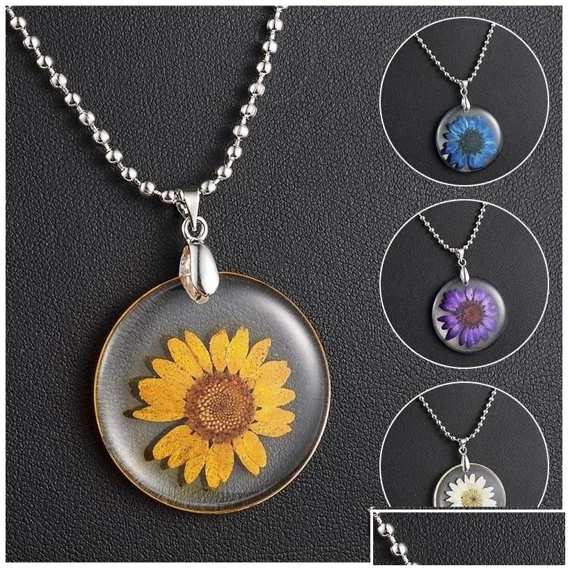 Pendant Necklaces Women Fashion Real Natural Dried Flower Necklace Simple Round Resin Pendant For Gift Jewelry Wholesale Drop Delivery