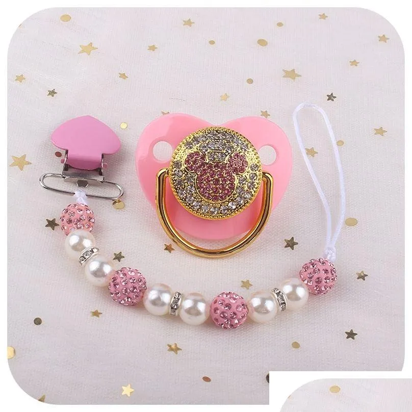 2pcsset bling pacifier mouse baby nipple holder clip chain born shower gift 220523