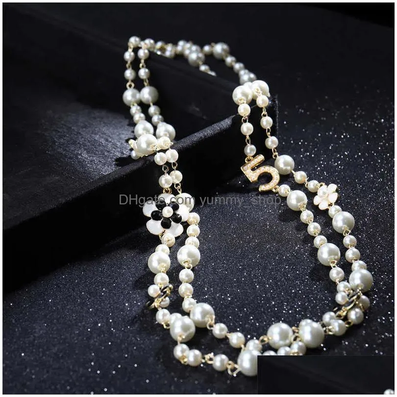 women long chains layered pearl beaded necklace collares de moda number 5 flower party jewelry