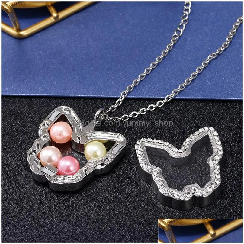  crystal silver pearl cage pendant necklaces for women living memory beads glass magnetic open floating lockets chains fashion