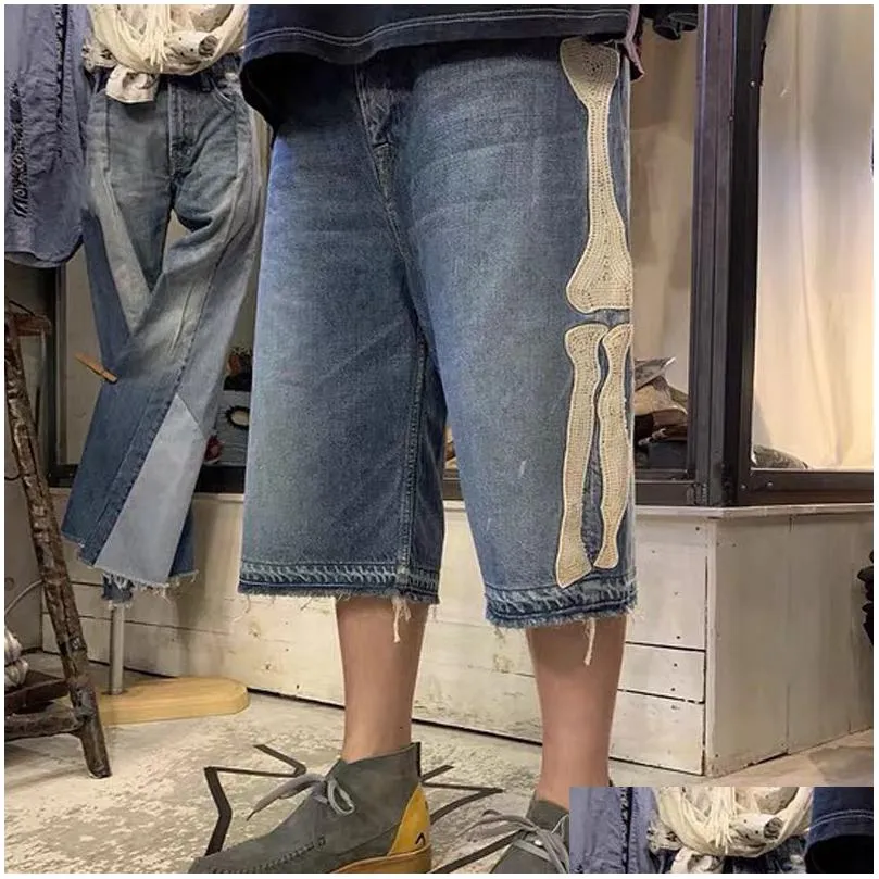 Men`S Jeans Mens Kapital Hirata Hohiro Loose Relaxed Pants Embroidered Bone Wash Used Edge Denim Shorts For Men And Women Casual 2306 Dhx03