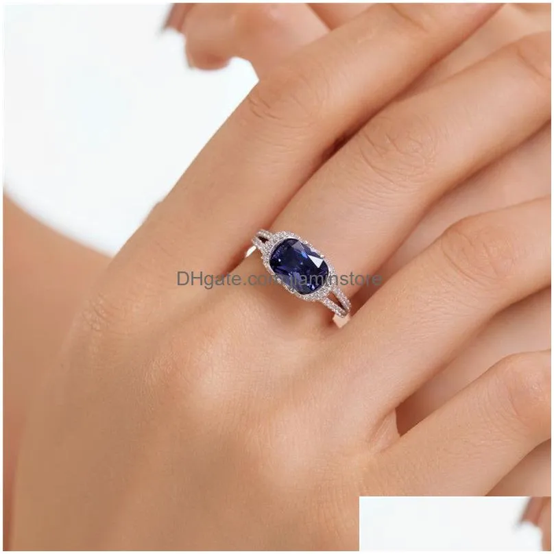 Wedding Rings 2.5Ct Blue Diamond Designer Ring For Woman Party Love Wed 925 Sterling Sier Sapphire 5A Zirconia Engagement Women Luxur Dhlmc