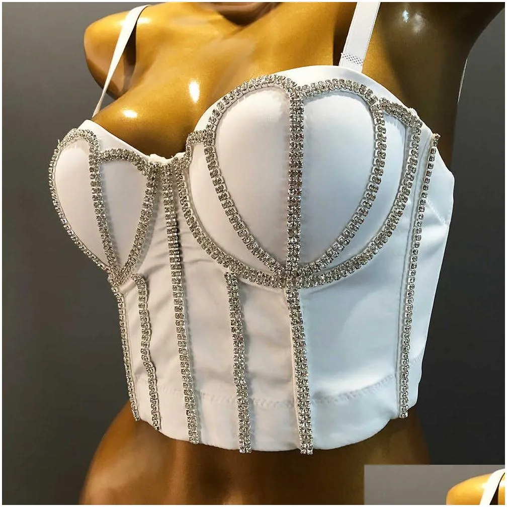 Cupnaya Handmade Women Glitter Diamante Crop Top Push-Up Bustier Clubwear Short Corset Bralette Inner Tube Vest Black White