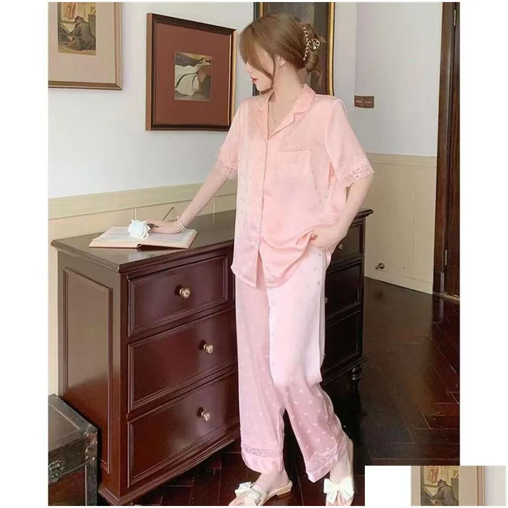 Lenceria Women S Sleepwear Spring Summer Pajamas for Women Short Sleeve Lace Casual Home Wear Clothing Lapel Top Pant Suit Comfortable Pijama