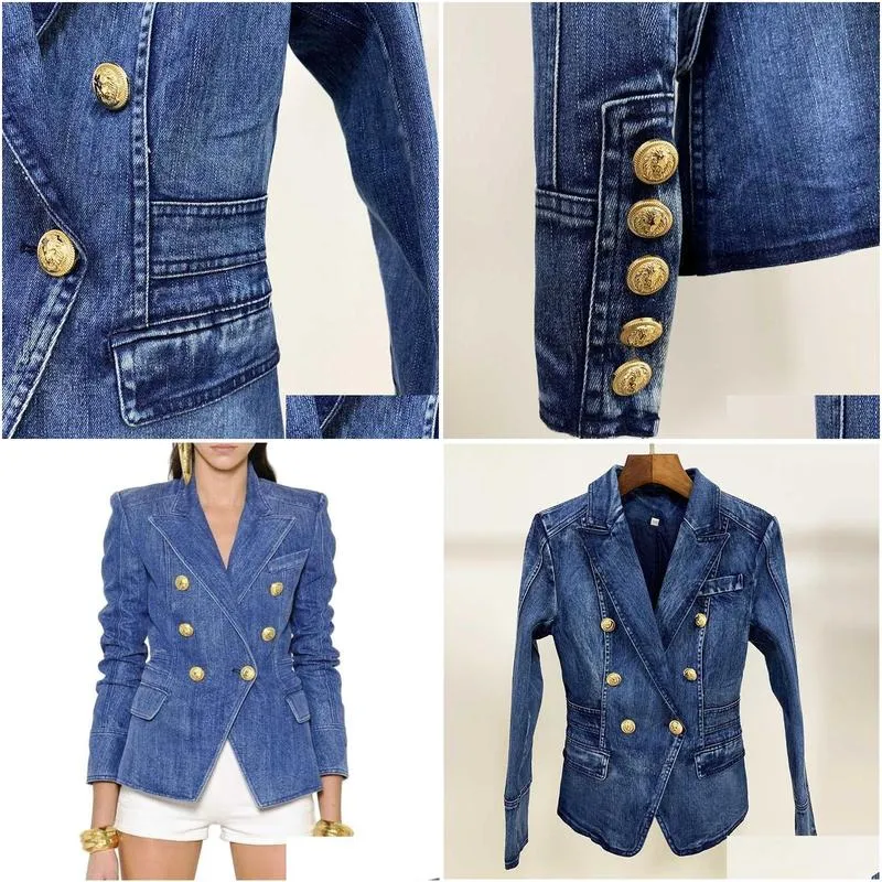 Women`S Suits & Blazers High Street Fashion Designer Blazer Jacket Womens Metal  Buttons Double Breasted Denim Outer Coat 210929 Dhzbh
