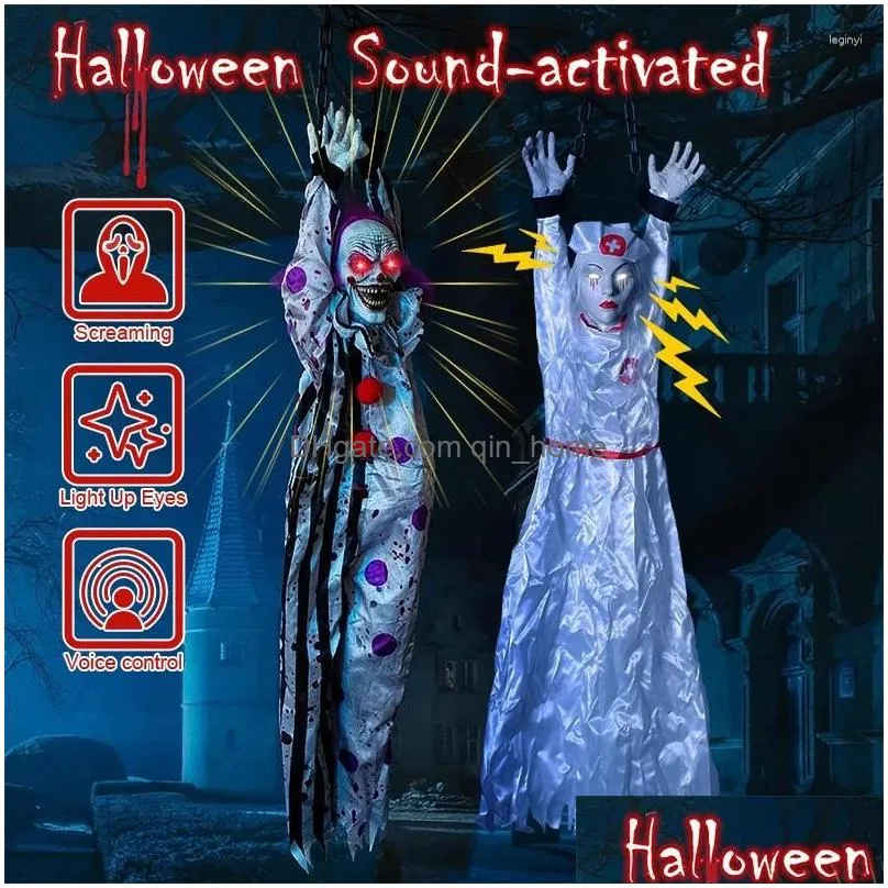 party decoration halloween animatronic hanging animated talking scary clown with chain red eyes sound touch activated electric horror