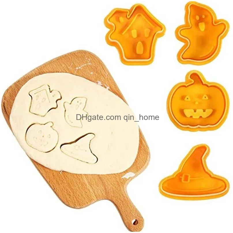  4pcs halloween cookie stamp biscuit mold 3d pumpkin ghost theme plastic cookie cutter plunger fondant mould cake decorations