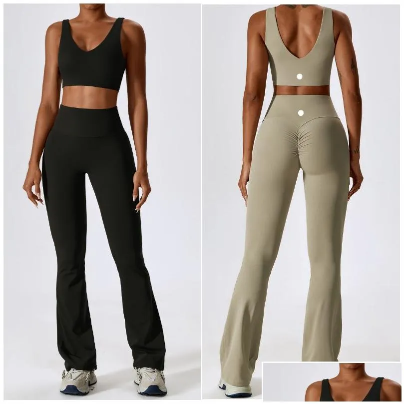 LL-8232 Womens Yoga Outfit Yoga Sets Vest Sleeveless Tops Pants Bell-bottom Trousers Excerise Sport Gym Running Long Pant Elastic High Waist