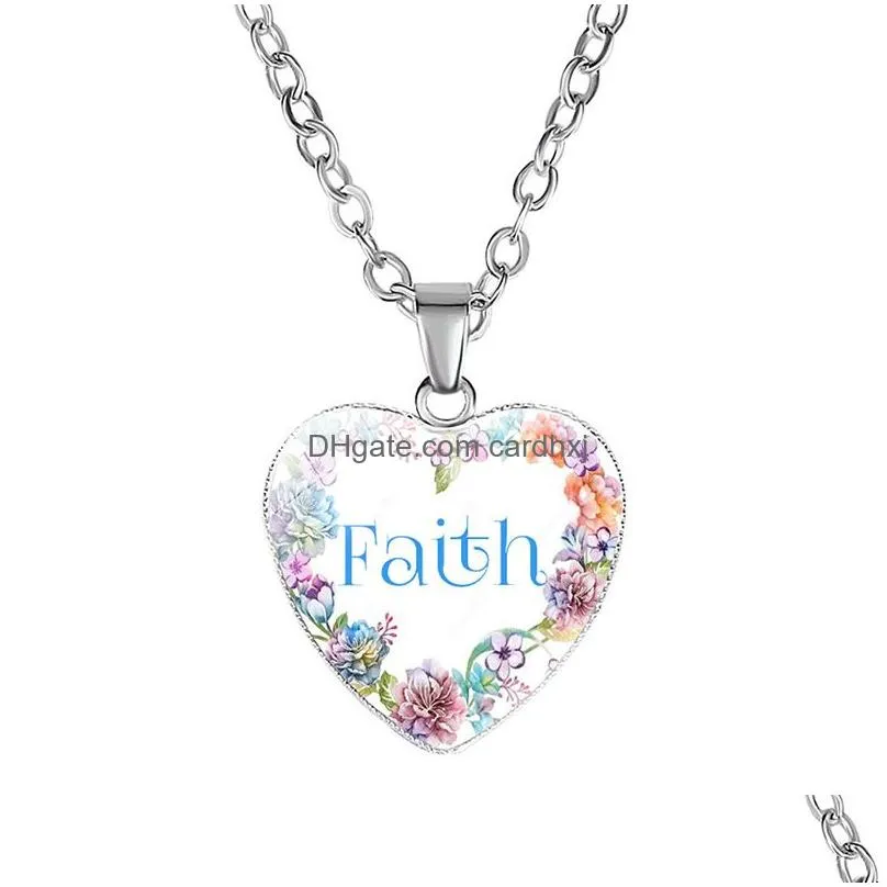 Pendant Necklaces New Inspirational Heart Shape For Women Love Hope Dream Believe Faith Letter Glass Chains Fashion Jewelry Drop Deliv Dhall
