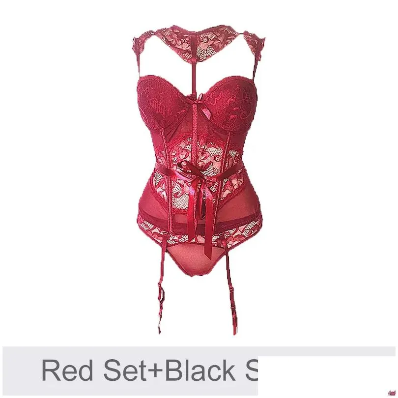 Sexy Bra Set Erotic Lingerie Women`s Underwear Bra Sets And Panty Seamles Push Up Red Lace Bralette Set Lingeries T200602