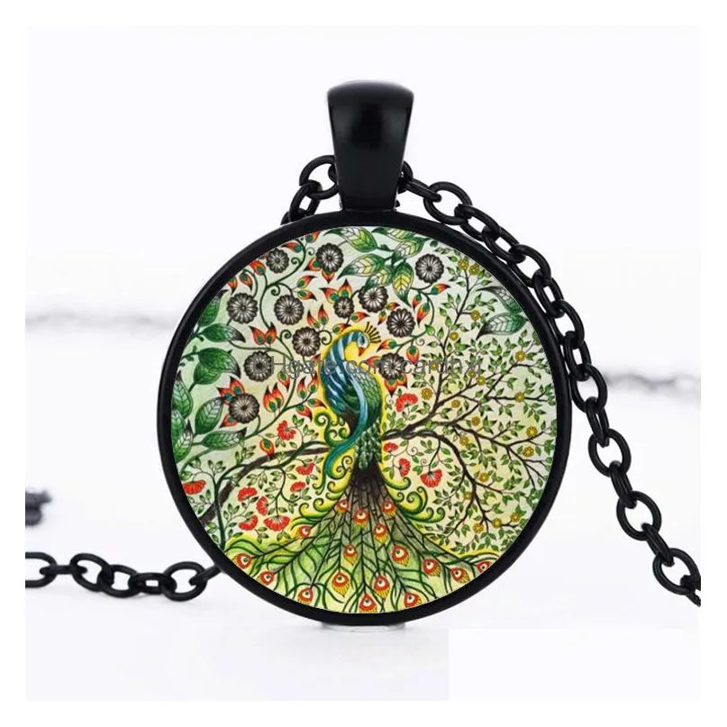 Pendant Necklaces New Beautif Peacock Feather Necklace For Women Cabochons Glass Animal Chains Fashion Jewelry Gift Drop Delivery Pend Dh3Ox