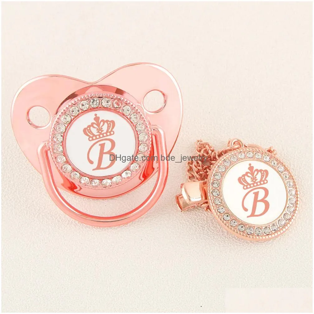 baby teethers toys rose gold crown 26 name initial letter pacifier with clip food grade silicone dummy soother bling unique gift