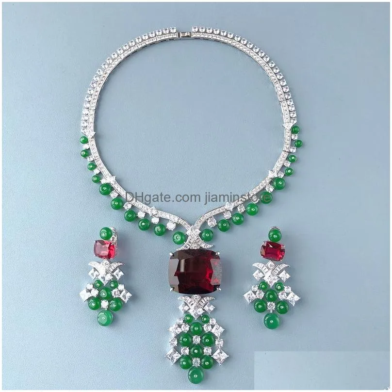 Earrings & Necklace Designer Collection Party Choker Stud Women Lady Tassels Inlay Zircon Diamond Synthetic Ruby Big Pendant Green Be Dhkuo