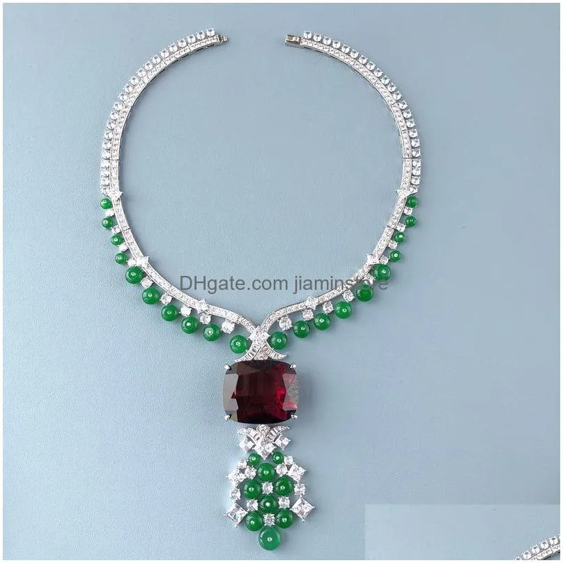 Earrings & Necklace Designer Collection Party Choker Stud Women Lady Tassels Inlay Zircon Diamond Synthetic Ruby Big Pendant Green Be Dhkuo