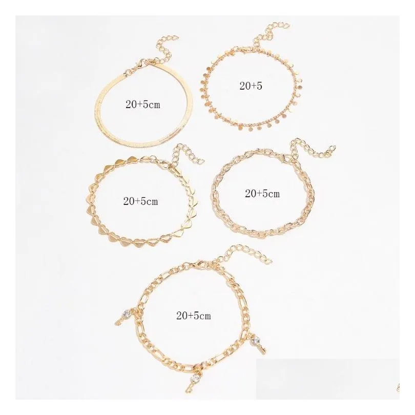 Anklets Punk Hollow Love Disc Snake-Shaped Chain With Rhinestones Anklet Key Tassel 5 Pieces Set Of Foot Jewelry Drop Delivery Dhvlv