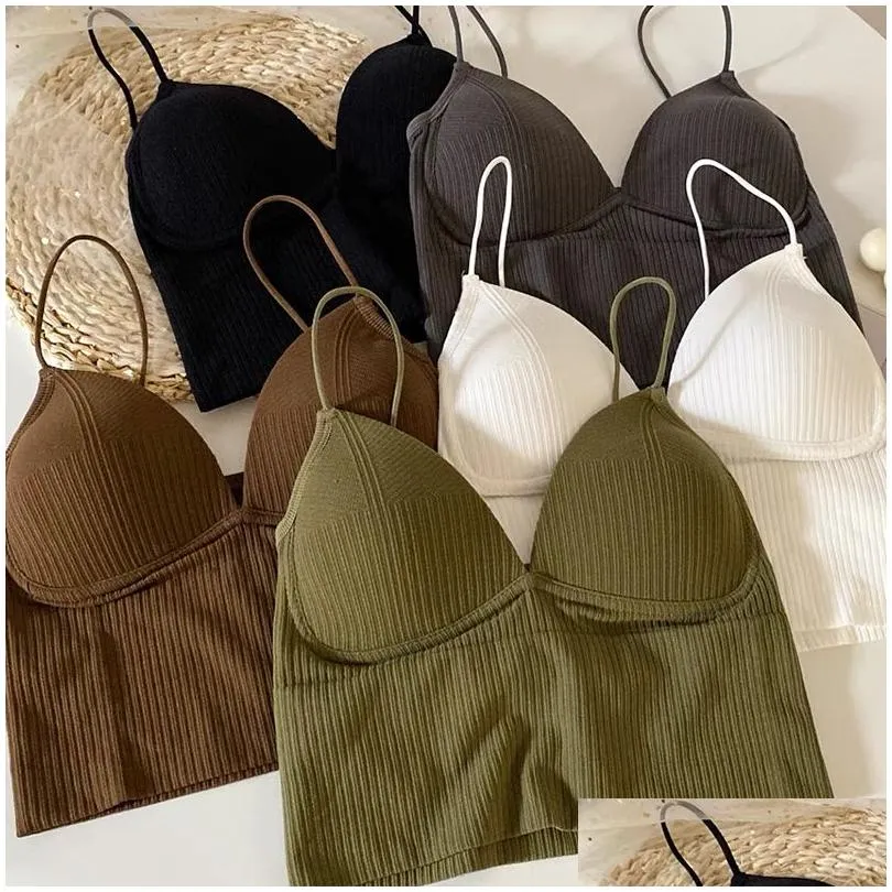 Camisoles Tanks Women Seamless Crop Top Underwear WireFree VShaped Camisole Thin Straps Striped Solid Bralette Lingerie OnePiece Tube Tops
