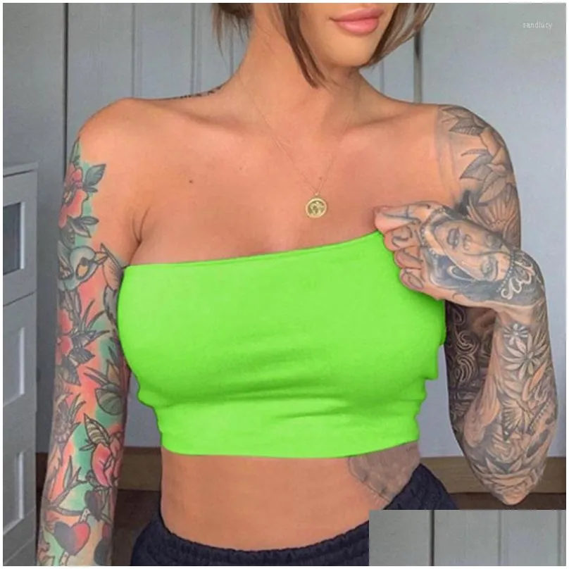 Tanks Camisoles & Tanks Women Lady Crop Tops Fluorescent Green Off Shoulder Vest Tube Top Bra Bralette Bandeau Stretch Seamless Bras