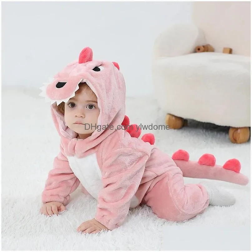Rompers Kigurumis Lovely Dinosaur Baby Clothes Infant Boys Girls Cartoon Pajamas Onesie Romper Born Hooded Halloween Drop Delivery Dhtb6