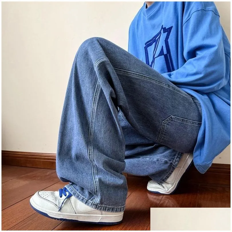 Men`S Jeans Mens Blue Men Ankle Length Male Straight Denim Pants Streetwear Baggy Ins Washed Black Clothes 230606 Drop Delivery Appar Dhqwk