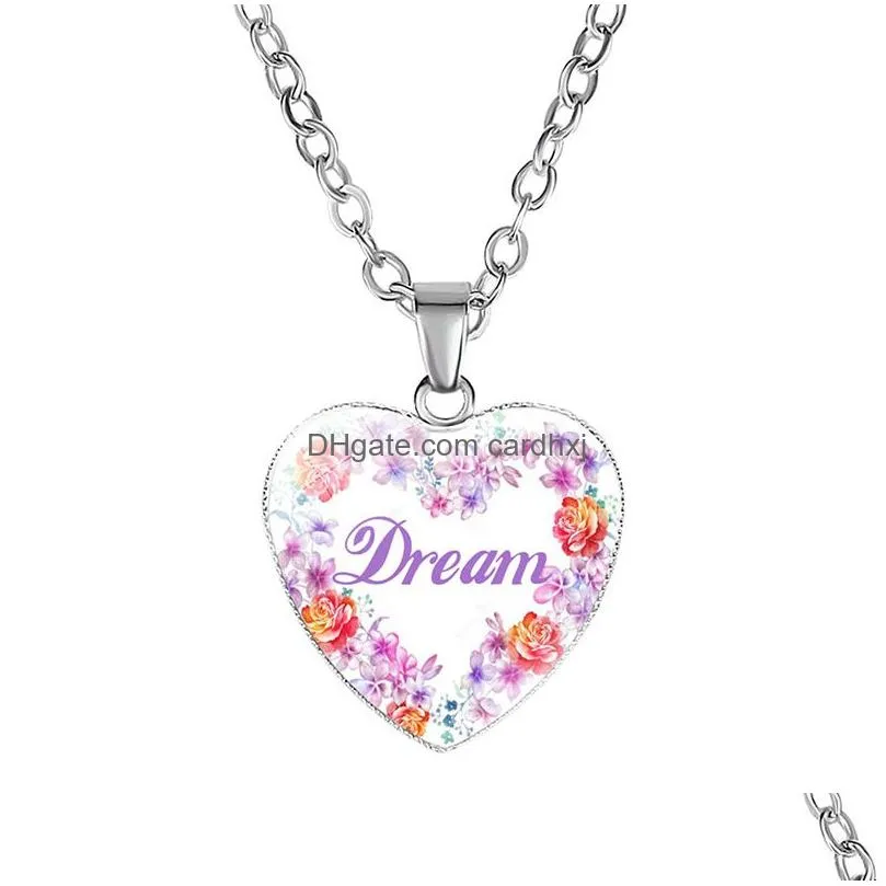 Pendant Necklaces New Inspirational Heart Shape For Women Love Hope Dream Believe Faith Letter Glass Chains Fashion Jewelry Drop Deliv Dhall