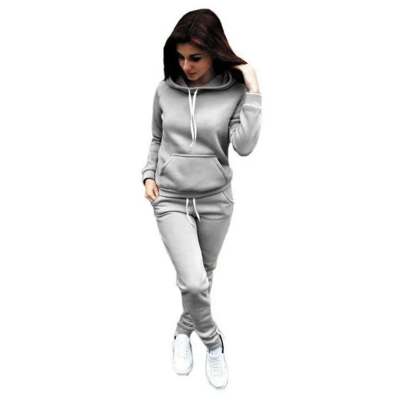 2Pcs/Set Women Hoodies Hooded Tops Cotton Long Sleeve Sweatshirt+Sweat Long Pants Woman Autumn Winter 2pcs Warm Outfits Suit