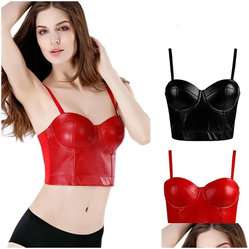 Camisoles Tanks S-6XL Leather Bustiers Sexy Gothic Corset Crop Tops Women`s Summer Camis Plus Size Bra Vest Sleeveless Bralette Tees Black Red