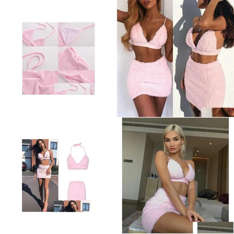 Tanks Women Sexy Skirt Outfits Halter VNeck Laceup Backless Bralette Crop Top Bra Mini Skirts Sets Plush Two Piece Dress Set