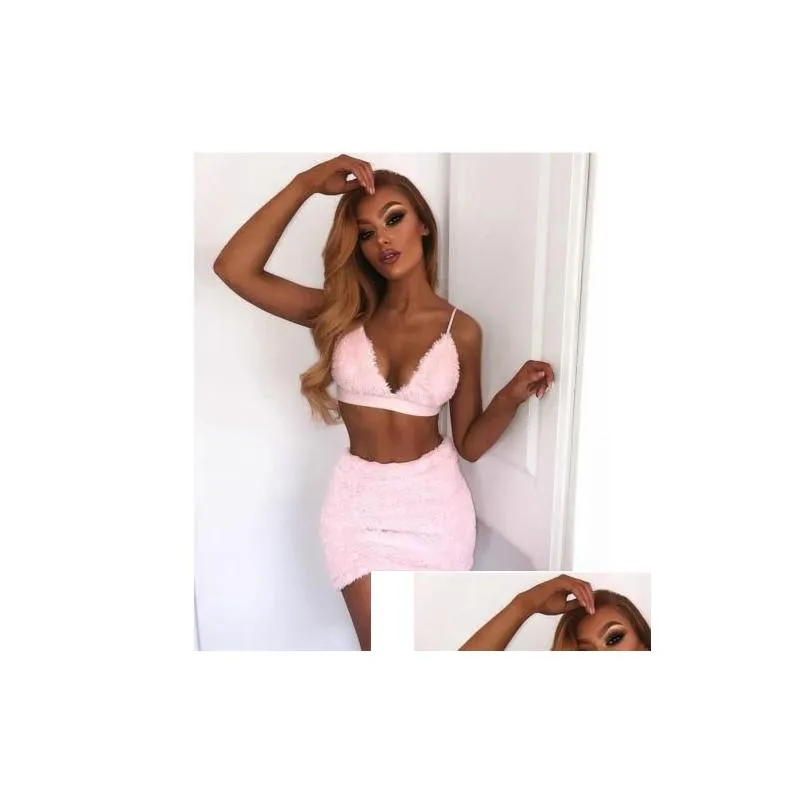 Tops Women Sexy Skirt Outfits Halter VNeck Laceup Backless Bralette Crop Top Bra Mini Skirts Sets Plush Two Piece Dress Set
