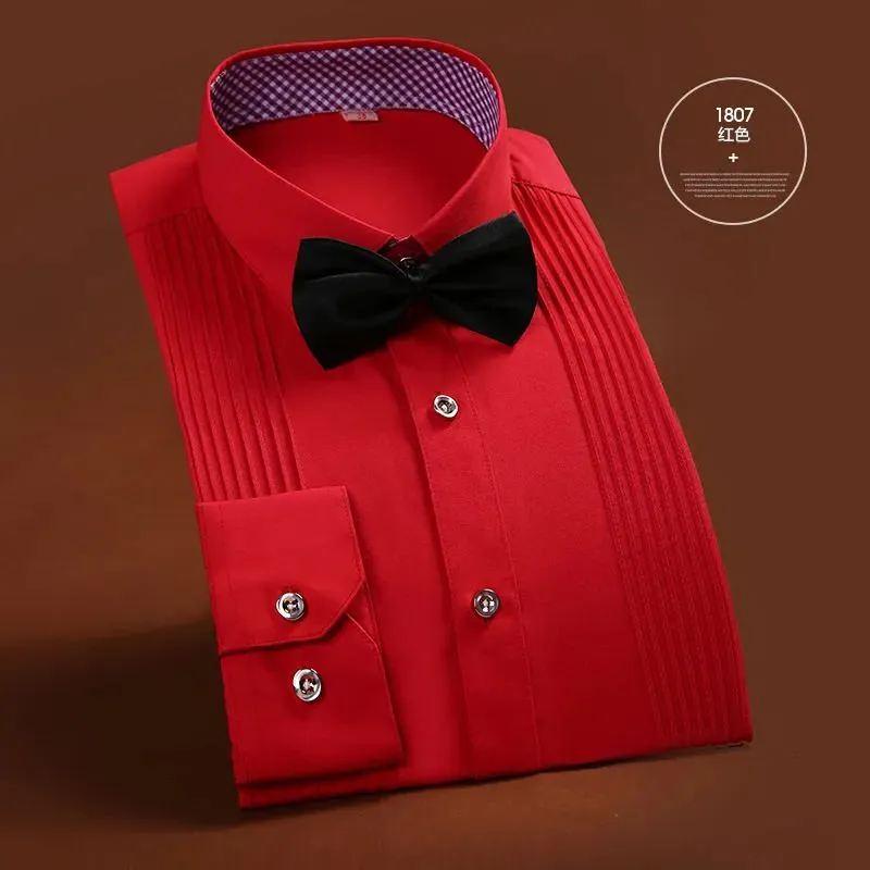 Men`s Dress Shirts men Tuxedo shirts slim fit long sleeve solid multiple colors wedding brideroom formal tops bow tie included y230927