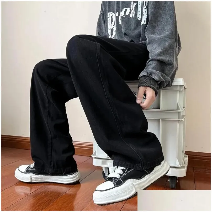 Men`S Jeans Mens Blue Men Ankle Length Male Straight Denim Pants Streetwear Baggy Ins Washed Black Clothes 230606 Drop Delivery Appar Dhqwk