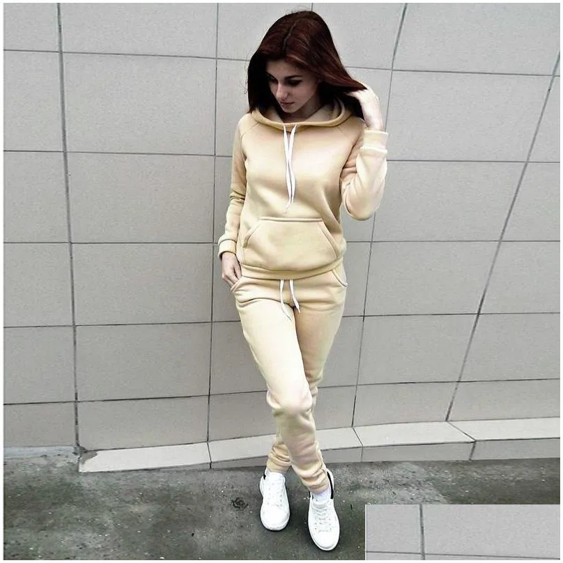 2Pcs/Set Women Hoodies Hooded Tops Cotton Long Sleeve Sweatshirt+Sweat Long Pants Woman Autumn Winter 2pcs Warm Outfits Suit