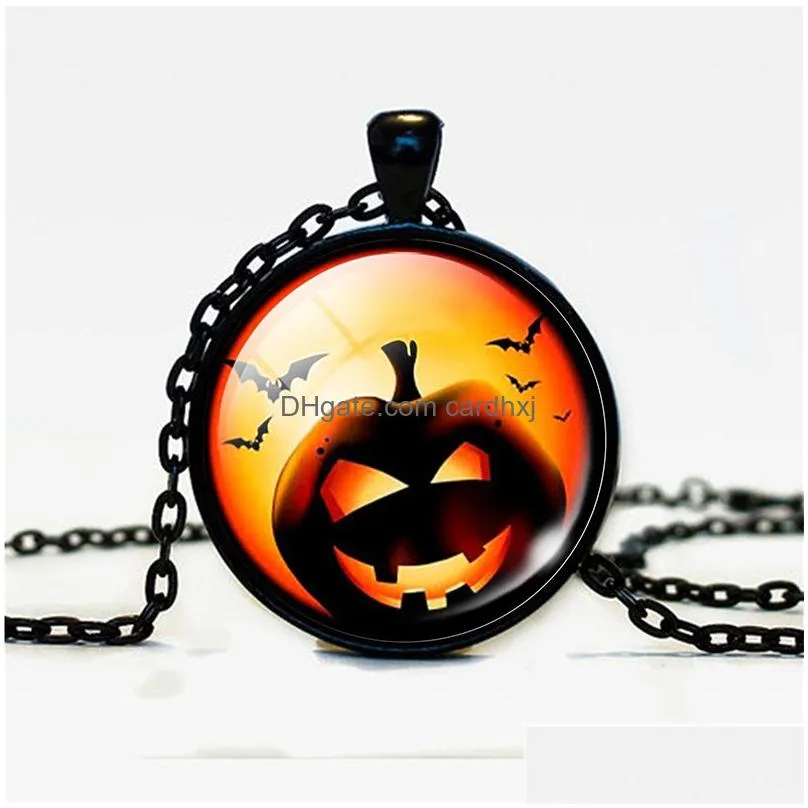 Pendant Necklaces Halloween Pumpkin For Women Men Glass Cabochon Bat Witch Chains Fashion Jewelry In Bk Drop Delivery Pendants Dhczo