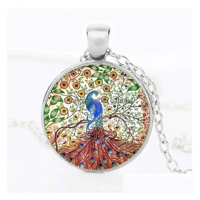 Pendant Necklaces New Beautif Peacock Feather Necklace For Women Cabochons Glass Animal Chains Fashion Jewelry Gift Drop Delivery Pend Dh3Ox