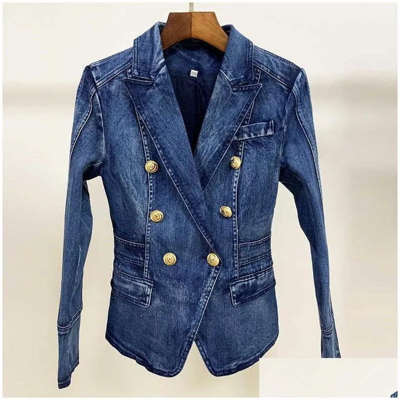 Women`S Suits & Blazers High Street Fashion Designer Blazer Jacket Womens Metal  Buttons Double Breasted Denim Outer Coat 210929 Dhzbh