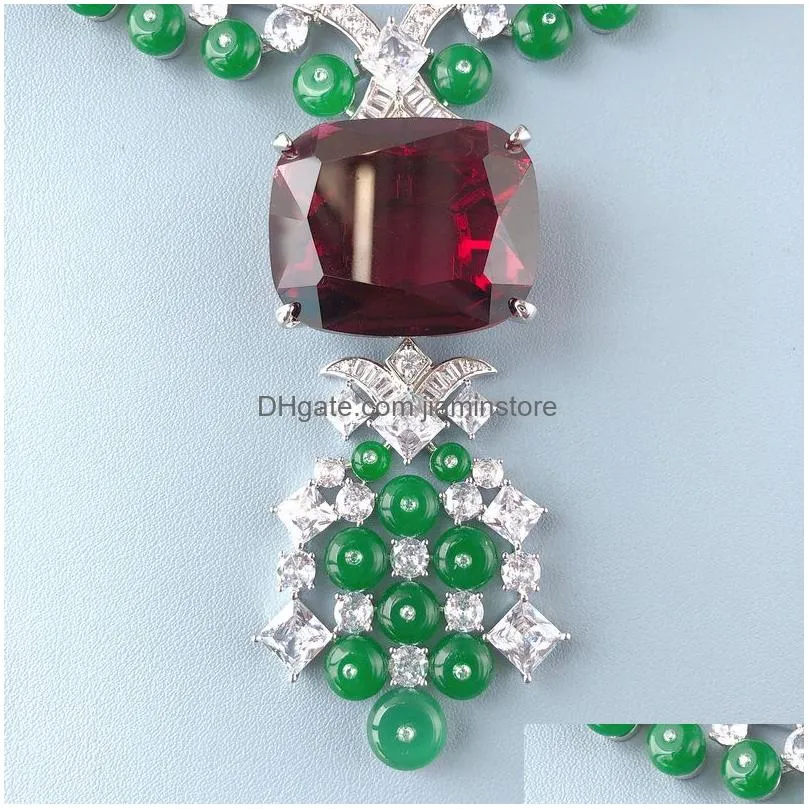 Earrings & Necklace Designer Collection Party Choker Stud Women Lady Tassels Inlay Zircon Diamond Synthetic Ruby Big Pendant Green Be Dhkuo