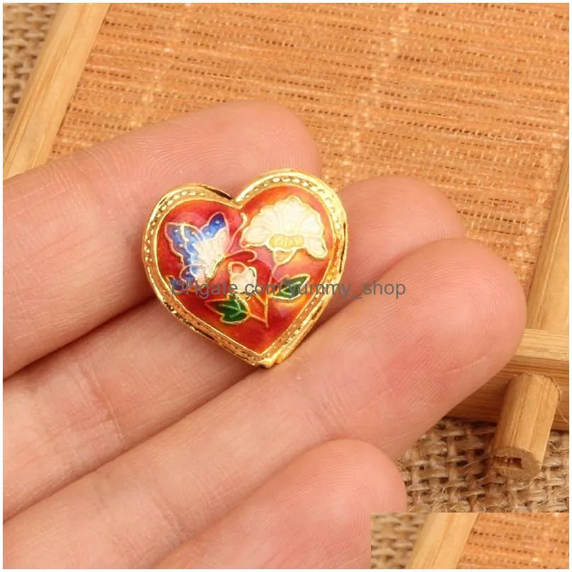 handmade fancy enamel heart love loose beads cloisonne filigree accessories diy jewellery making pendants earrings bracelets 10pcs/lot
