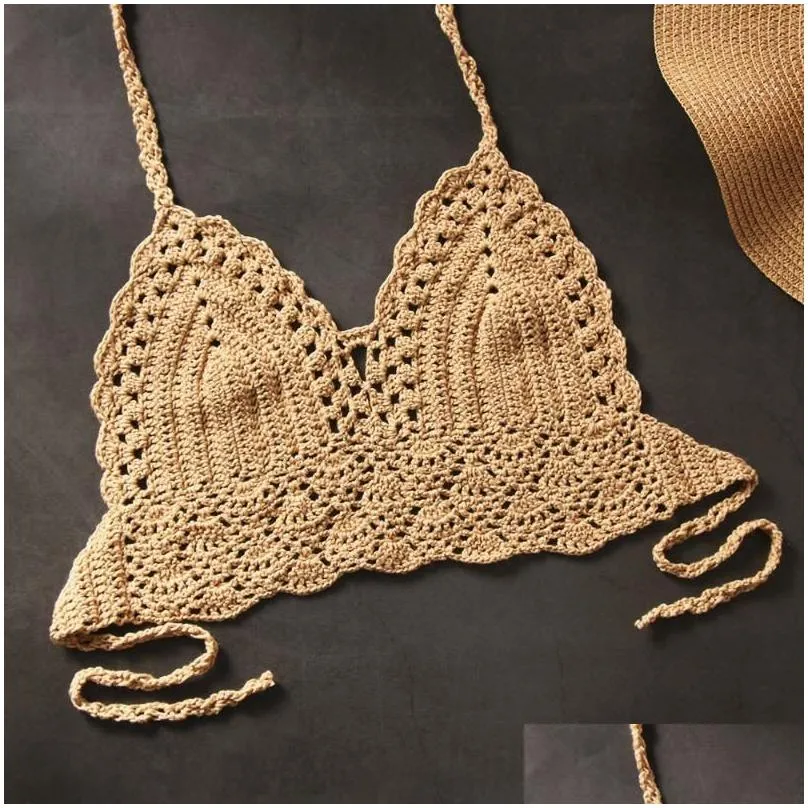 Sexy Women Bikini Crop Top Crochet Boho Beach Bralette Halter Cami Knitted Bra Tank Backless Summer Holiday Beachwear Camisoles & Tanks Underwear Swimsuit