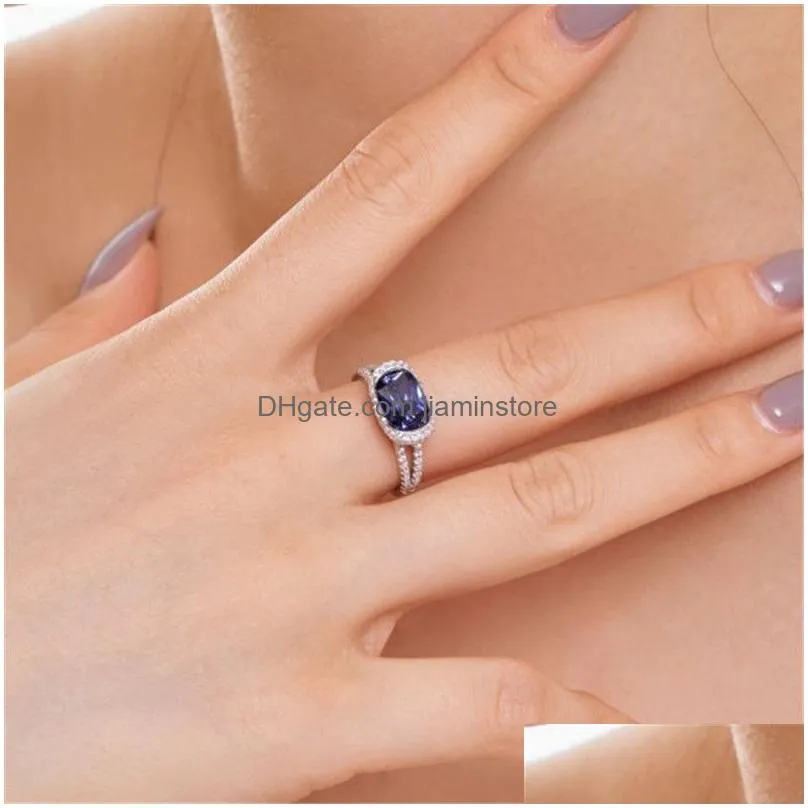 Wedding Rings 2.5Ct Blue Diamond Designer Ring For Woman Party Love Wed 925 Sterling Sier Sapphire 5A Zirconia Engagement Women Luxur Dhlmc