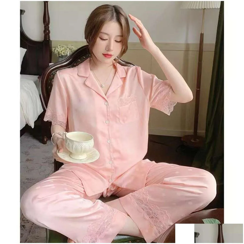 Lenceria Women S Sleepwear Spring Summer Pajamas for Women Short Sleeve Lace Casual Home Wear Clothing Lapel Top Pant Suit Comfortable Pijama