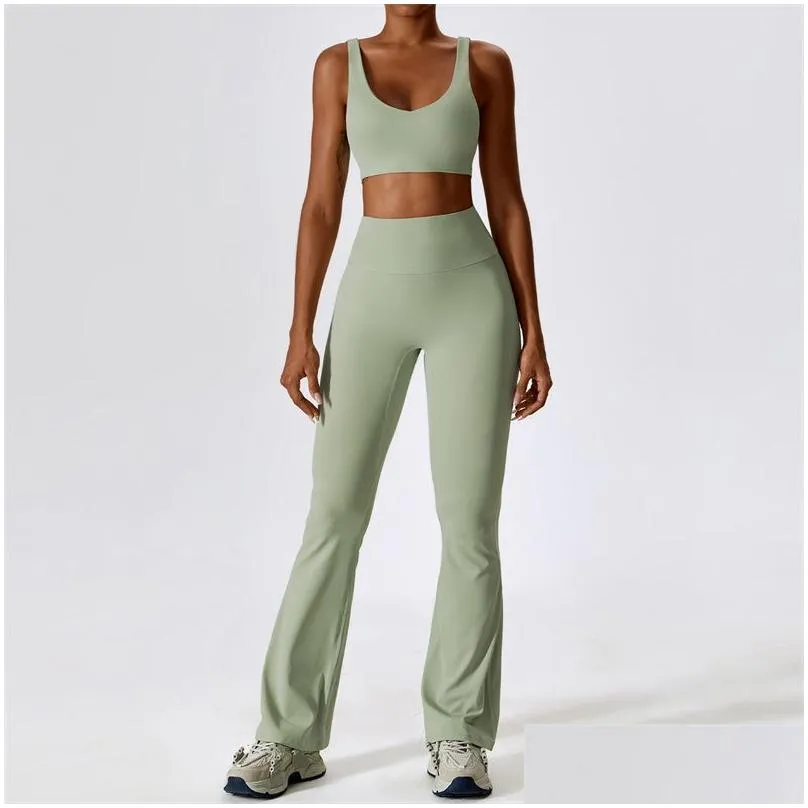 LL-8232 Womens Yoga Outfit Yoga Sets Vest Sleeveless Tops Pants Bell-bottom Trousers Excerise Sport Gym Running Long Pant Elastic High Waist