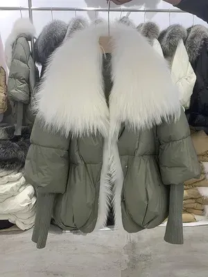 Women`s Down Parkas Janveny Winter Women Puffer Coat White Duck Down Jacket Super Large Real Silver Fur Collar Fashion Female Parkas Outerwear