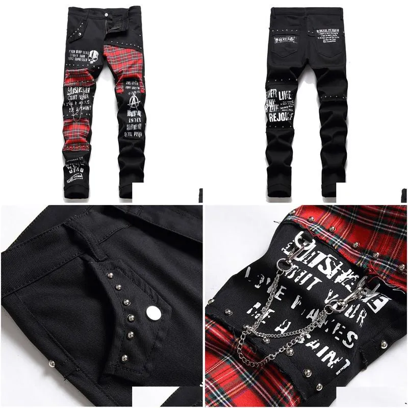 Men`S Jeans Mens Scotland Red Plaid Tartan Work Punk Rivet Black Denim Pants Skl Letters Printed Slim Straight Trousers 230606 Drop D Dh4Hy