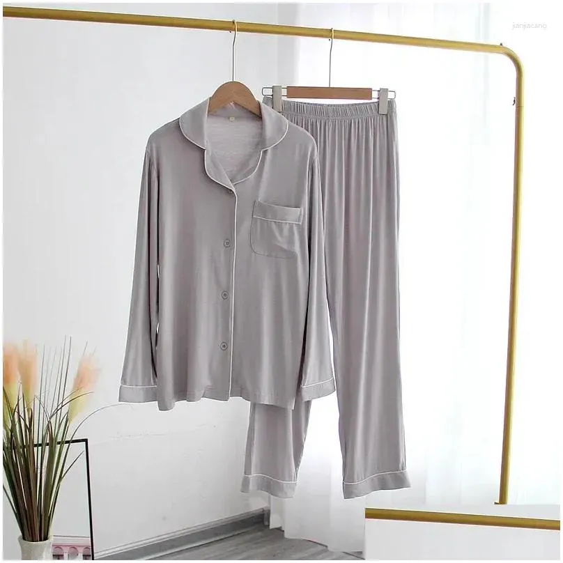 Women`s Sleepwear Solid Modal Sleep Wear Women Pajamas Set Long-sleeved Long Trousers 2PCS Men Home Clothes Novelty Two-piece Suit For