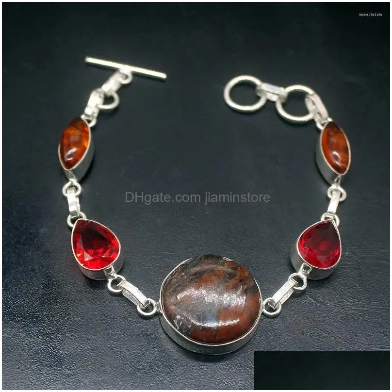 Chain Link Bracelets Sea Sent Baltic Amber Red Garnet Sier Color Charms Links For Women 7.75 Inch Drop Delivery Jewelry Dhqyh