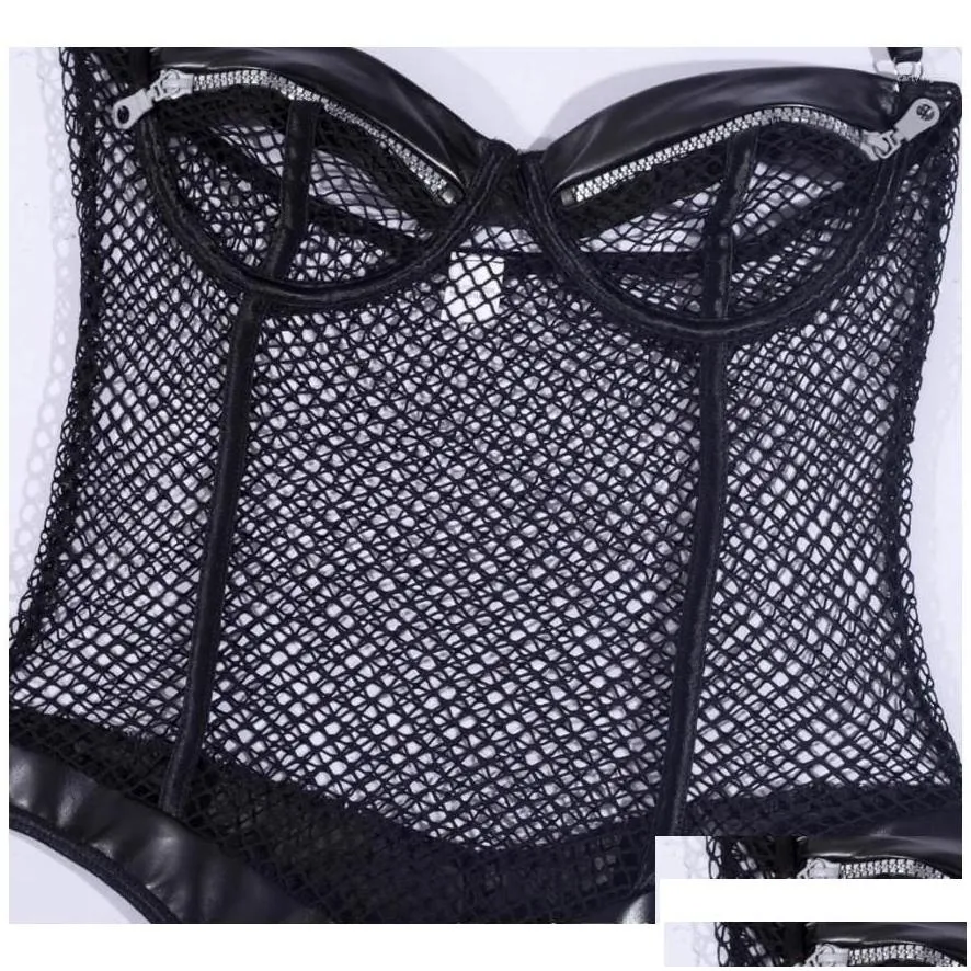 Bras Sets Leosoxs Black Mesh Sexy Porn Underwear Pu Leather Halter Erotic Lingerie Shapewear Punk Style Open Bra Zipper Intimate Kit