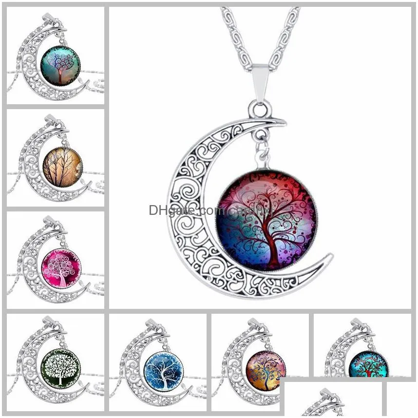 Pendant Necklaces Fashion Cabochons Glass Moon Necklace Starry Outer Space Universe Gemstone Pendants Tree Of Life For Women Jewelry D Dh9Bv