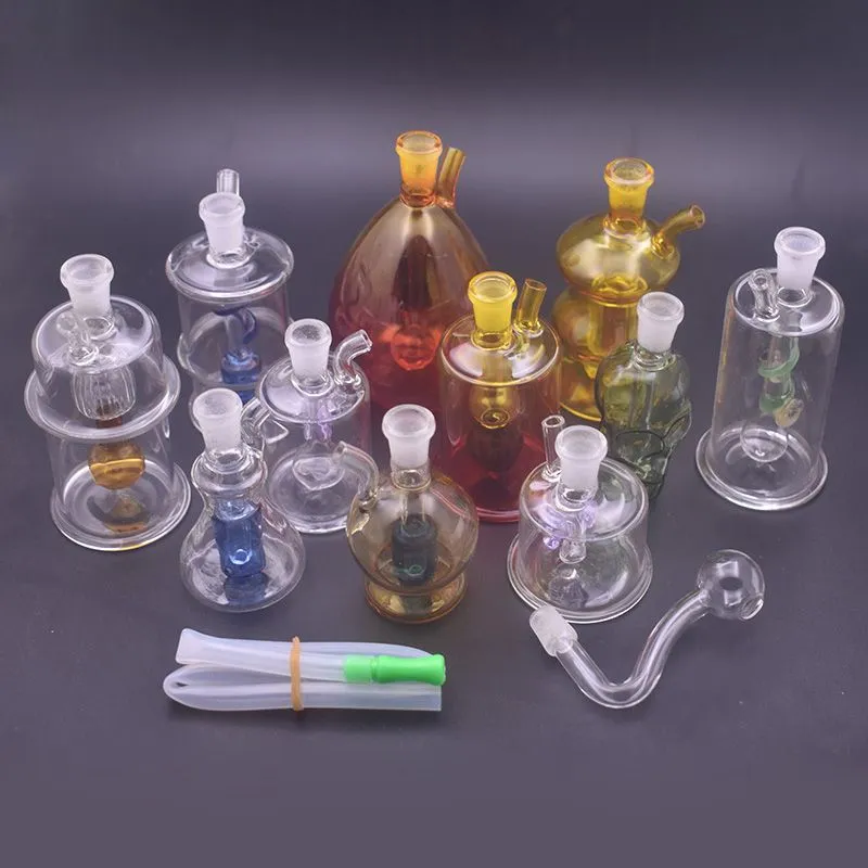 10pcs Mini Glass Oil Burner Bong 10mm Joint Handle Smoking Water Pipes with Thick Pyrex Clear Heady Recycler Dab Rig Ashcatcher with Male Glass Oil Burner Pipe and